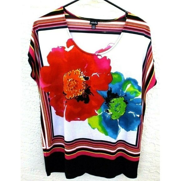 Rafaella S multi-color sleeveless slinky bordered flower print top office work - Picture 1 of 3